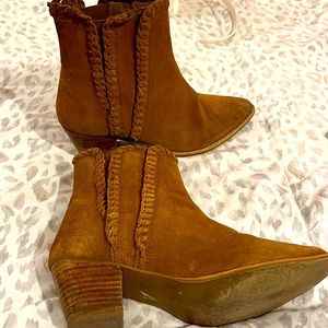 Rust Brown Suede Boots with braided suede detail, stretch sides for easy slip on